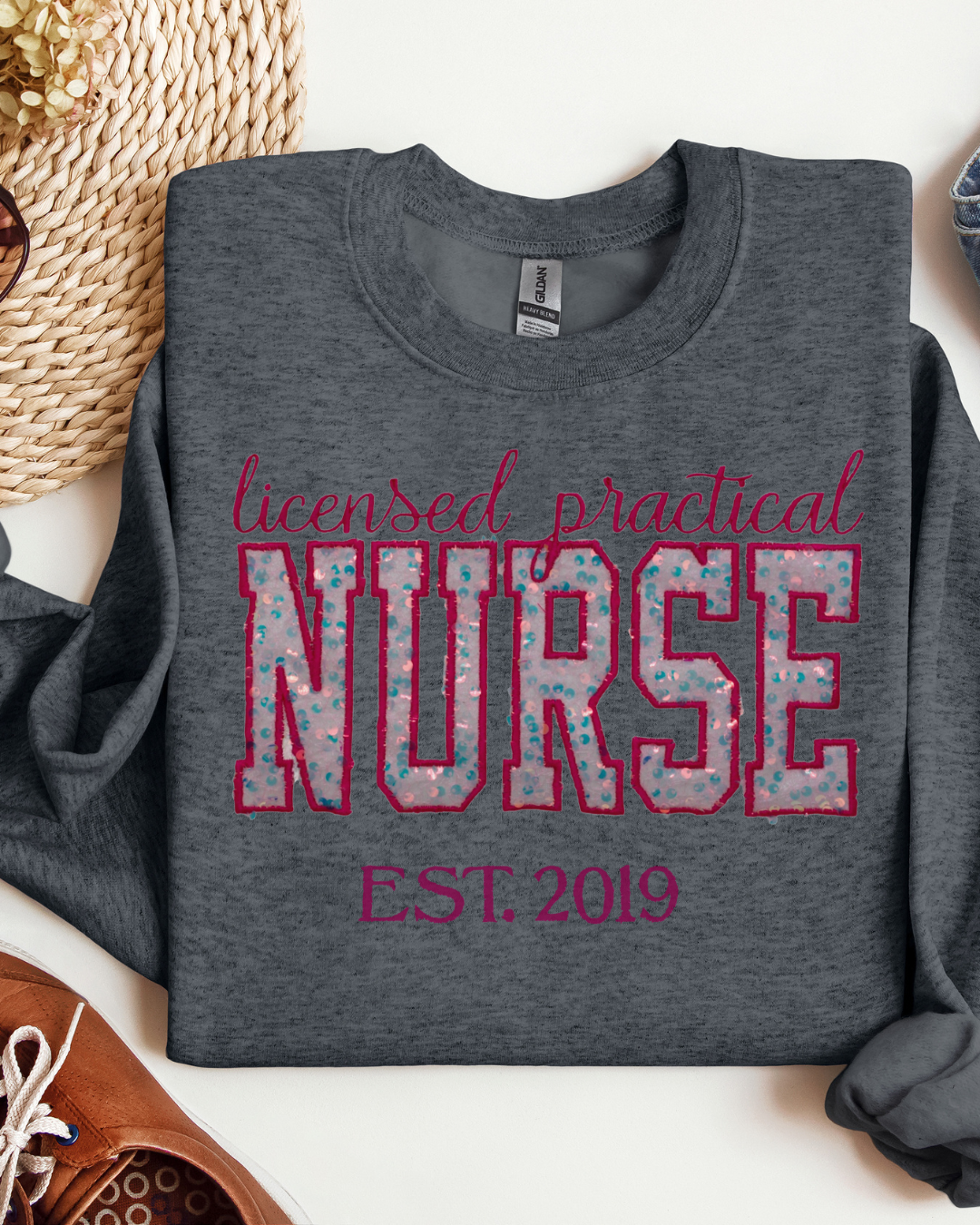 Sequin Glitter LPN Nurse Embroidery Sweatshirt