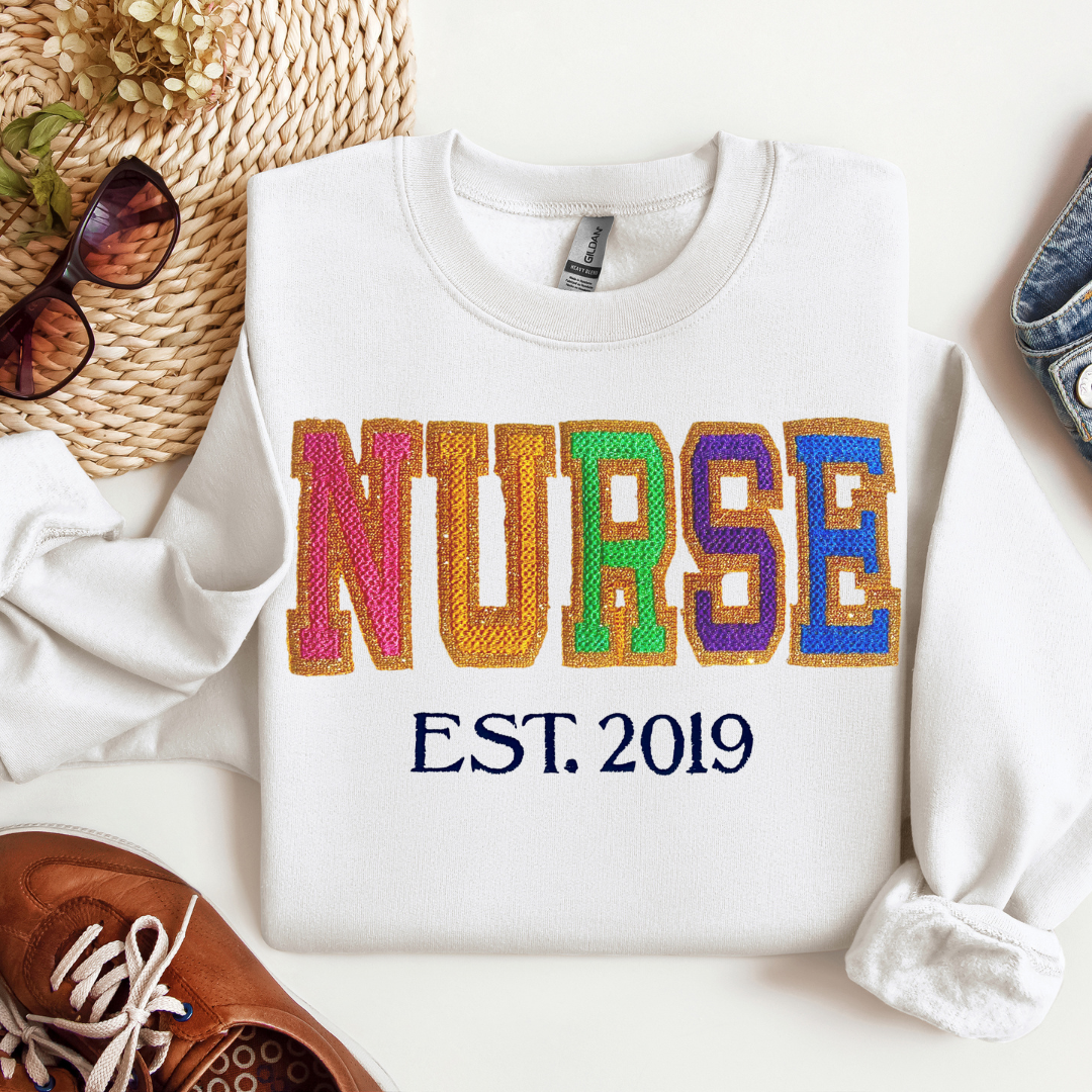 Faux Chenille Glitter Nurse Sweatshirt