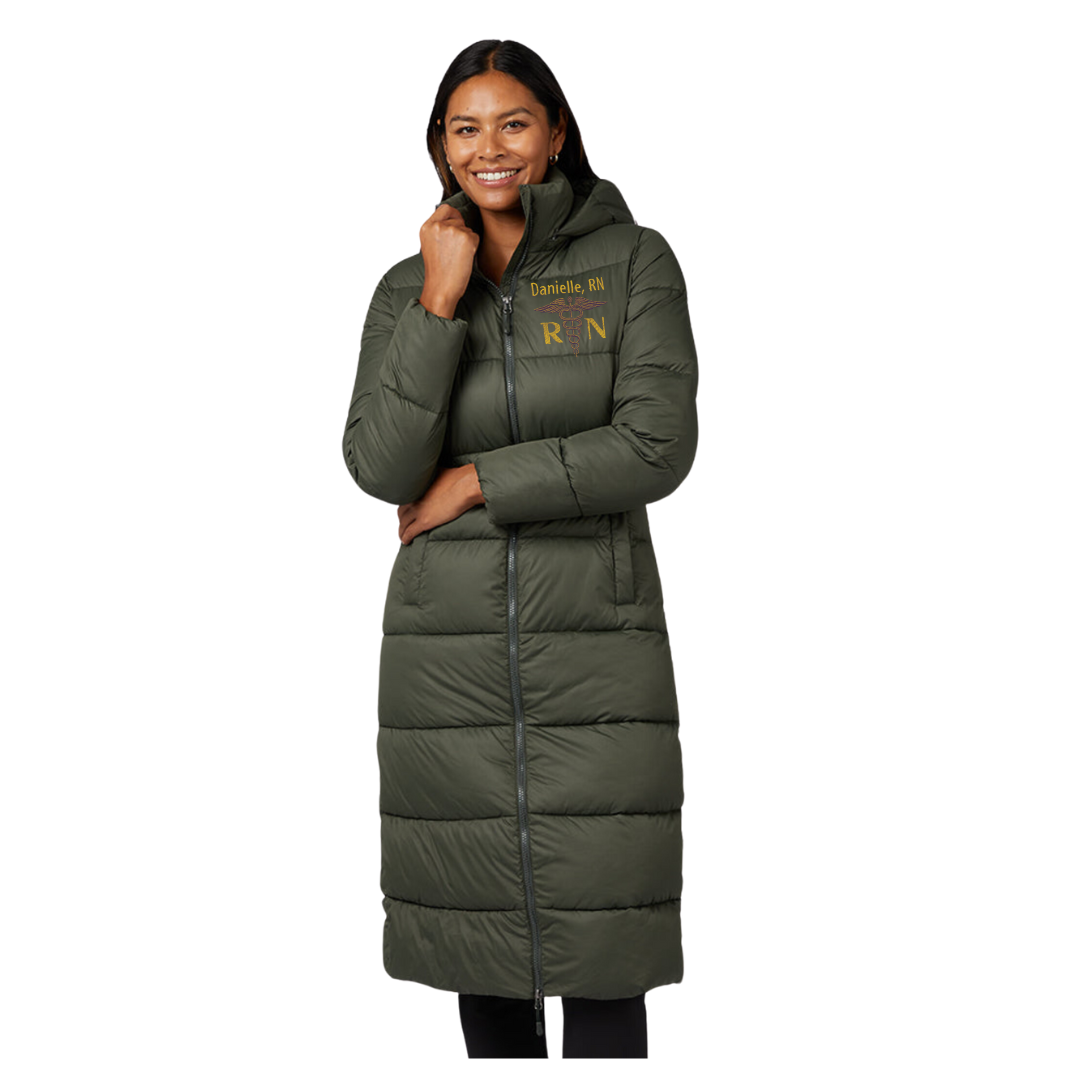 HOODED Embroidered Nurse Puffer LONG Custom COAT