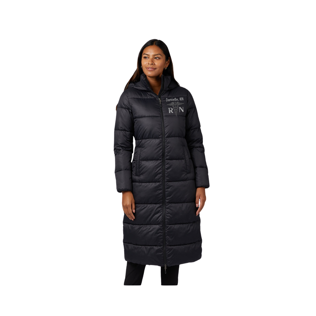 HOODED Embroidered Nurse Puffer LONG Custom COAT