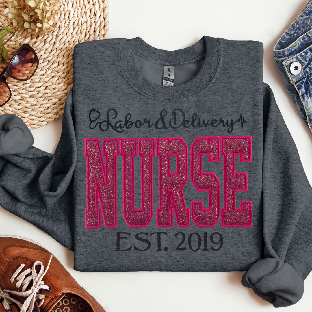 Trendy Pink Glitter L&D Nurse Hoodie-Cute Embroidery Style