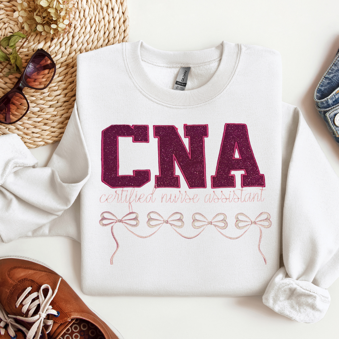 Glitter Trendy Cute Graphic Bow Unique CNA Embroidery Crewneck