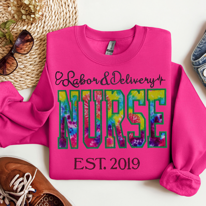 Tie Dye L&D Nurse Cute Embroidery Hoodie Crewneck