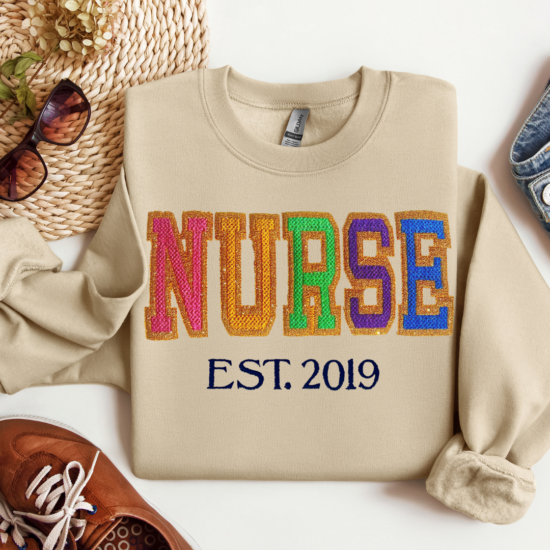 Faux Chenille Cute Unique Bold Glitter Nurse Embroidery Hoodie Sweatshirt