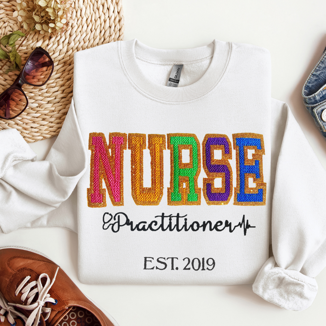 Faux Chenille Cute Unique Bold Nurse Practitioner Embroidery Hoodie Sweatshirt