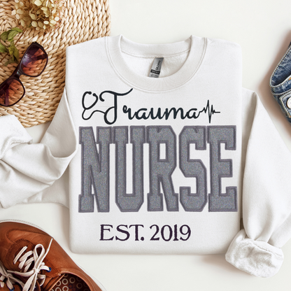 Stylish Fun Grey Glitter Trauma Nurse Hoodie Unique Embroidery Crewneck