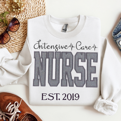 Stylish and Fun Grey Glitter ICU Nurse Hoodie Unique Embroidery Crewneck