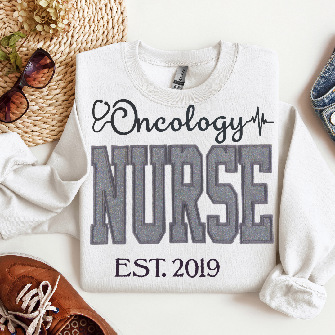 Stylish Fun Grey Glitter Oncology Nurse Hoodie Unique Embroidery Crewneck