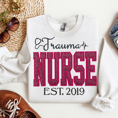 Trendy Pink Glitter Trauma Nurse Hoodie-Cute Embroidery Style