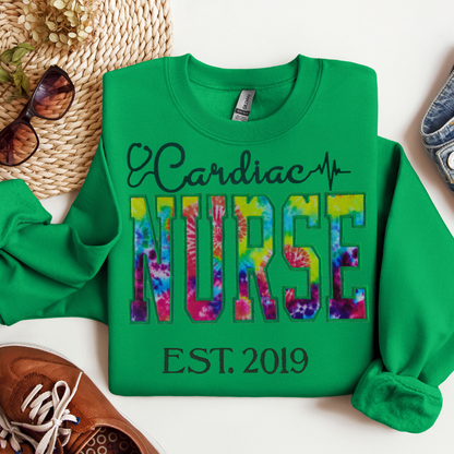 Adorable Tye Dye Eye-Catching Cardiac Nurse Embroidery Hoodie Crewneck