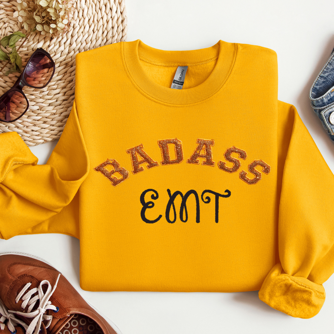 Popular Bold Glitter Embroidery Trendy Badass EMT Hoodie Sweatshirt