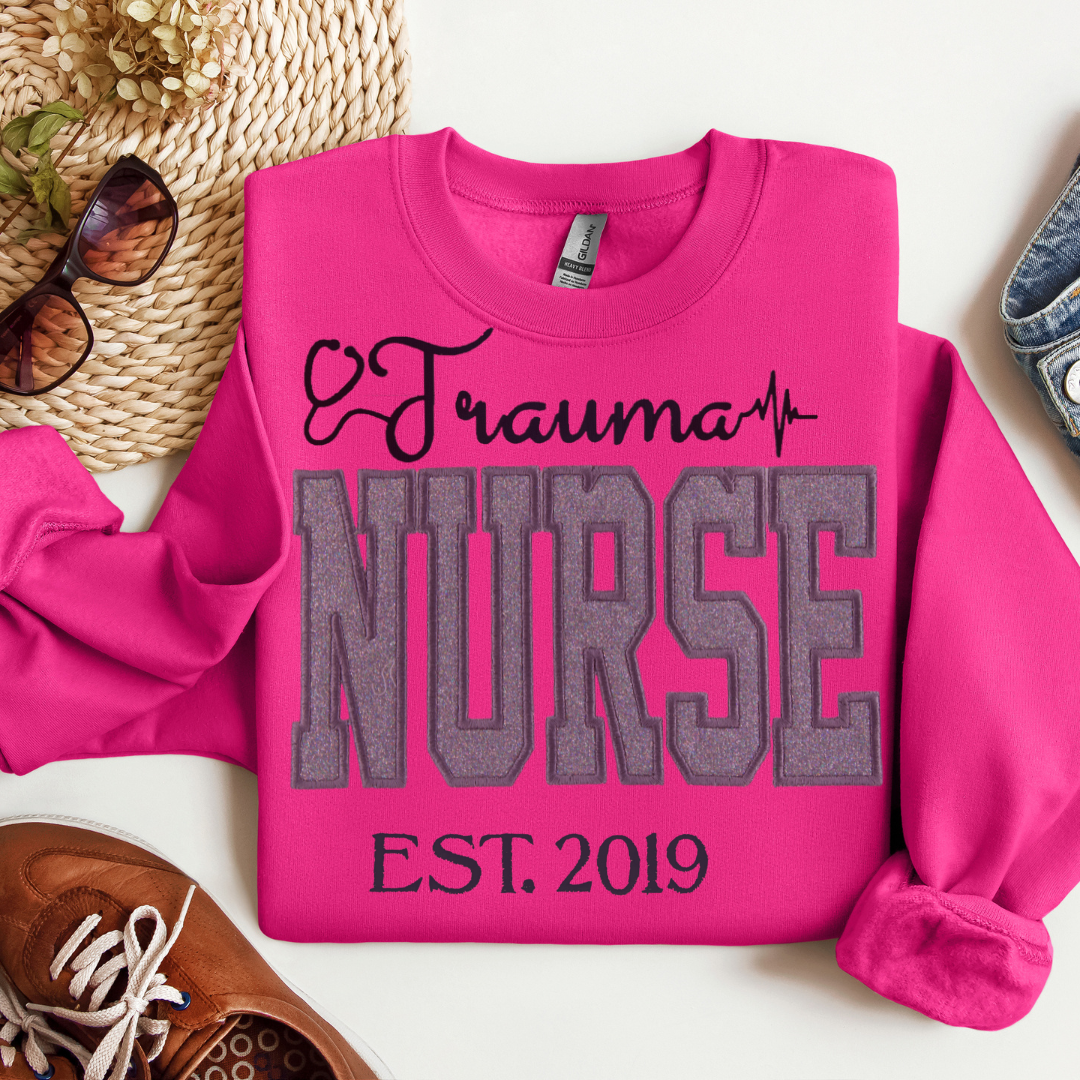 Stylish Fun Grey Glitter Trauma Nurse Hoodie Unique Embroidery Crewneck