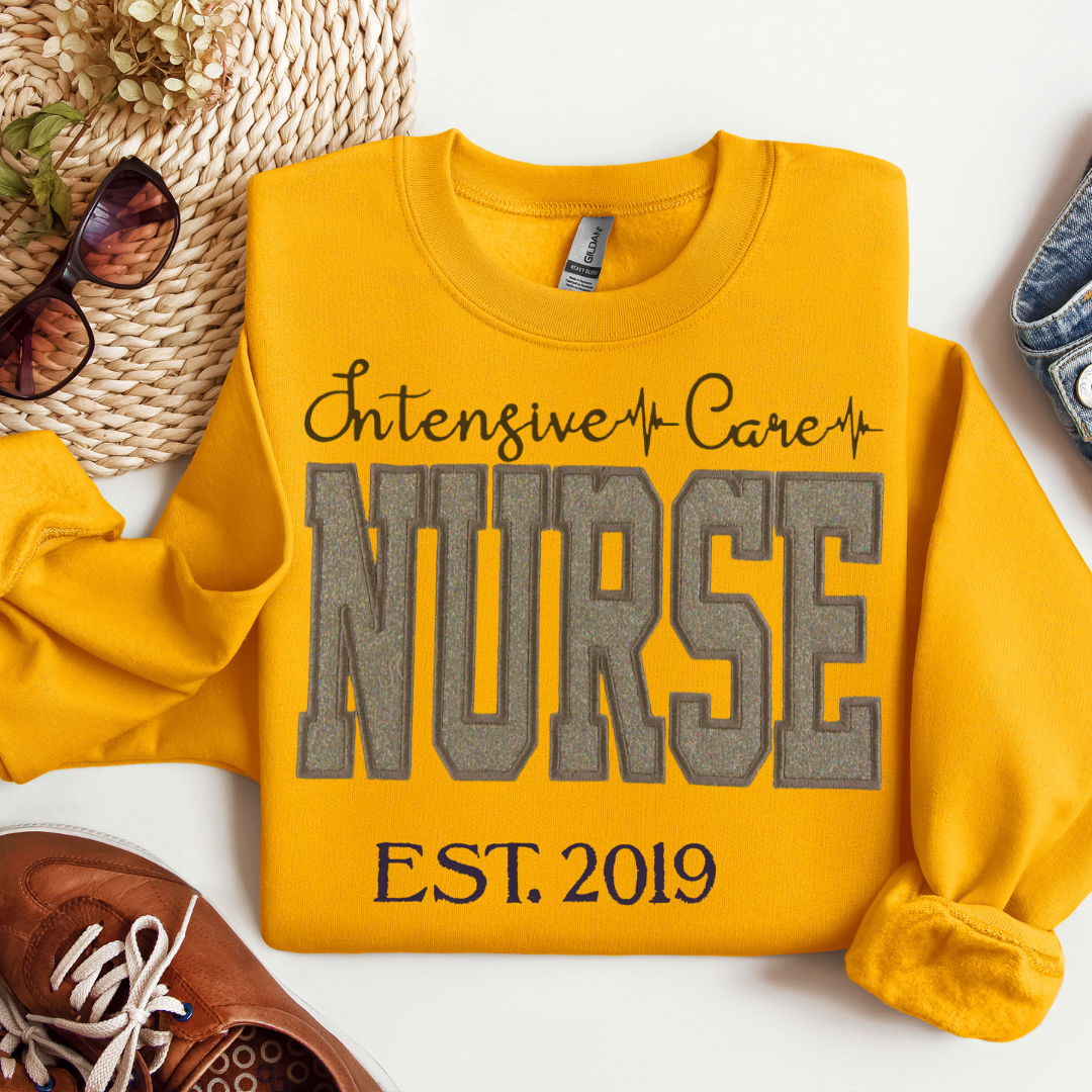 Stylish and Fun Grey Glitter ICU Nurse Hoodie Unique Embroidery Crewneck