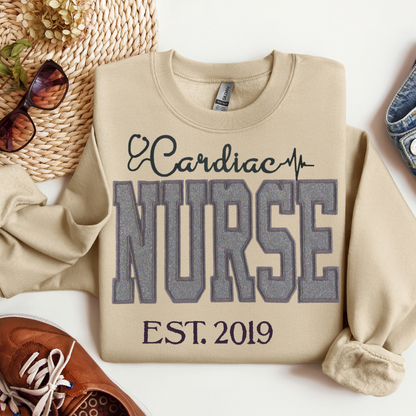 Stylish Fun Grey Glitter Cardiac Nurse Hoodie Unique Embroidery Crewneck