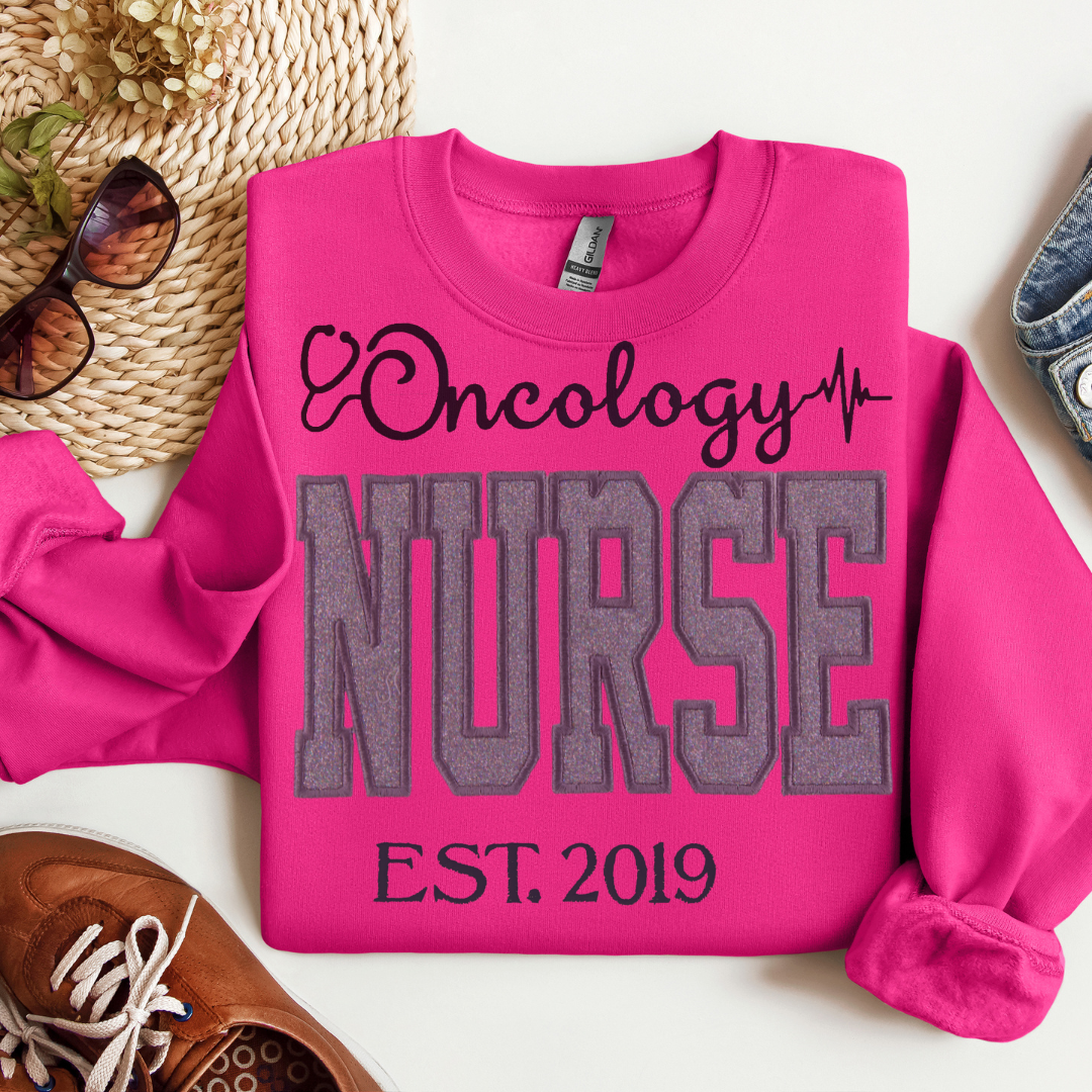 Stylish Fun Grey Glitter Oncology Nurse Hoodie Unique Embroidery Crewneck