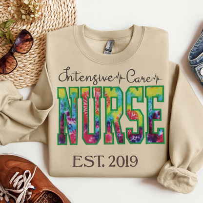 Tie Dye ICU Nurse Embroidery Crewneck