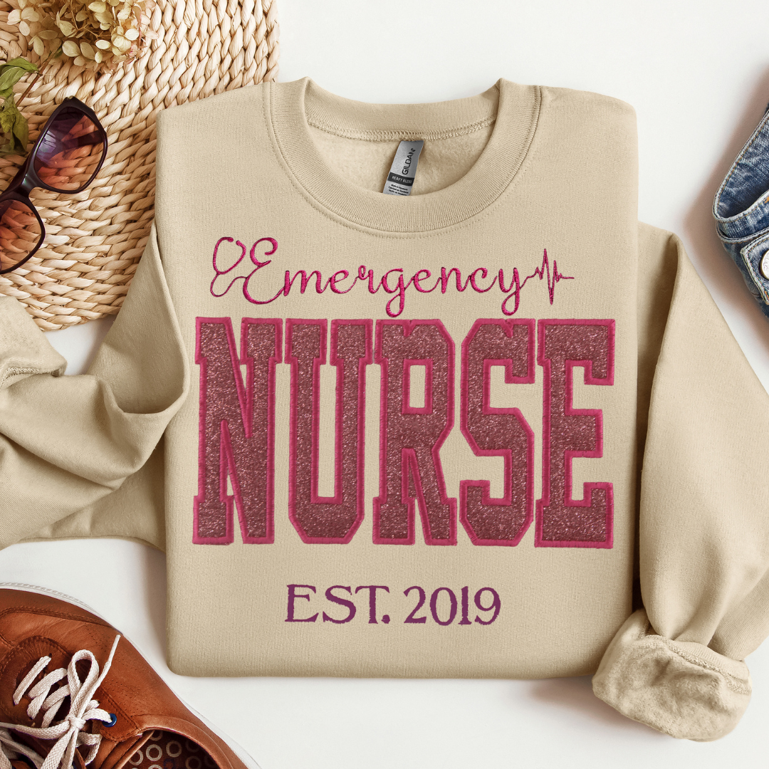 Trendy Pink Glitter Emergency Nurse Hoodie-Cute Embroidery Style