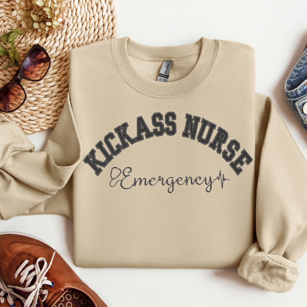 Trendy Popular Kickass ER Nurse Hoodie Crewneck- Fun and Cute Embroidery Design