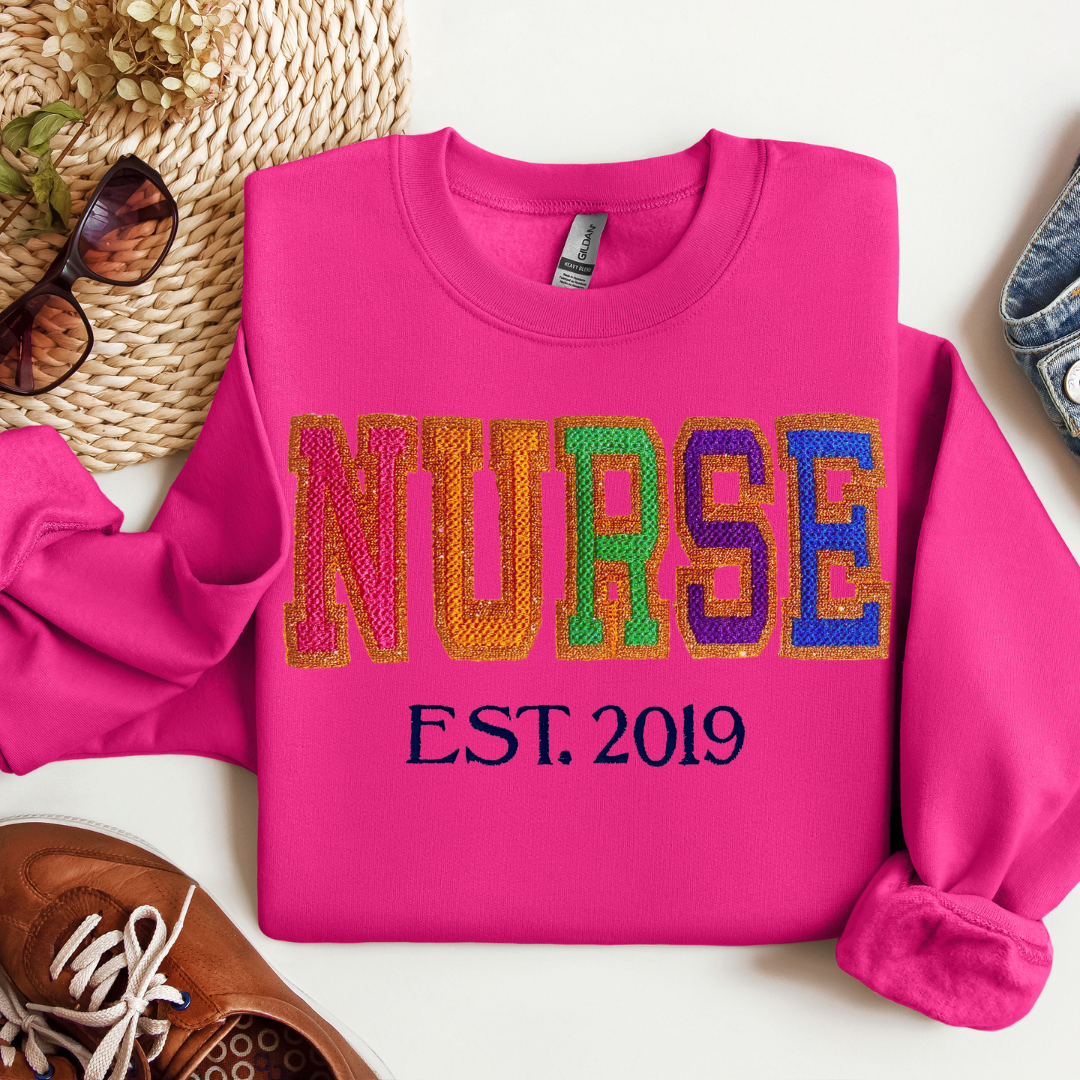 Faux Chenille Cute Unique Bold Glitter Nurse Embroidery Hoodie Sweatshirt