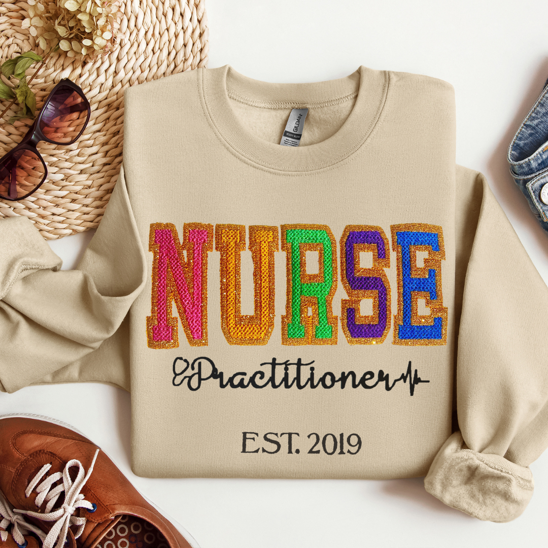 Faux Chenille Cute Unique Bold Nurse Practitioner Embroidery Hoodie Sweatshirt