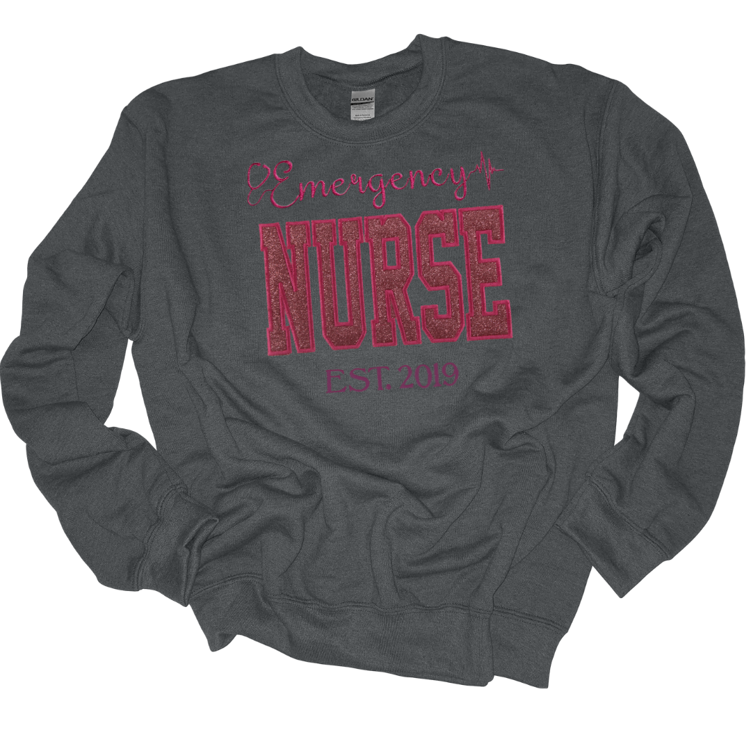 Trendy Pink Glitter Emergency Nurse Hoodie-Cute Embroidery Style