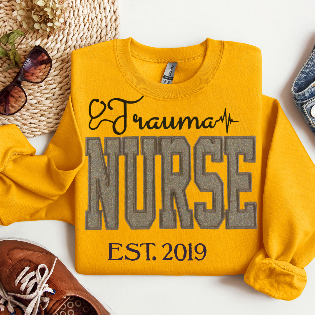 Stylish Fun Grey Glitter Trauma Nurse Hoodie Unique Embroidery Crewneck