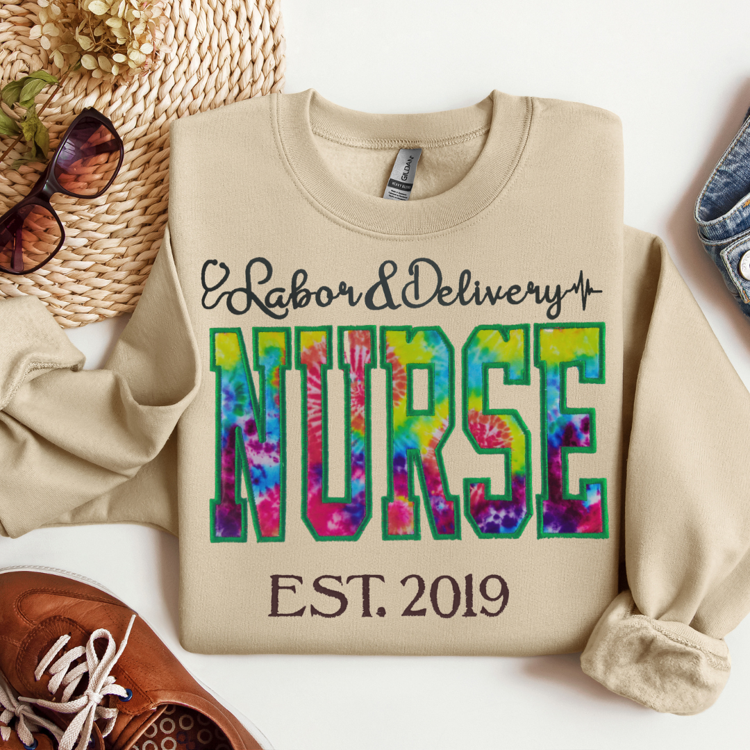 Tie Dye L&D Nurse Cute Embroidery Hoodie Crewneck