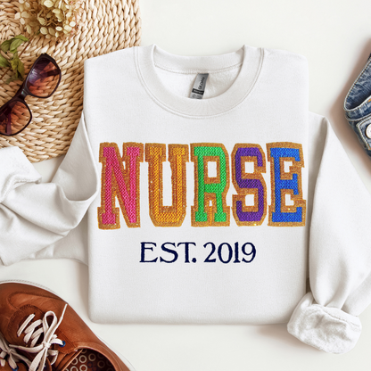 Faux Chenille Cute Unique Bold Glitter Nurse Embroidery Hoodie Sweatshirt