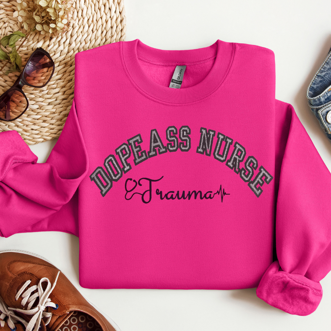 Eye Catching Glitter Dopeass Trauma Nurse Crewneck Embroidery Design