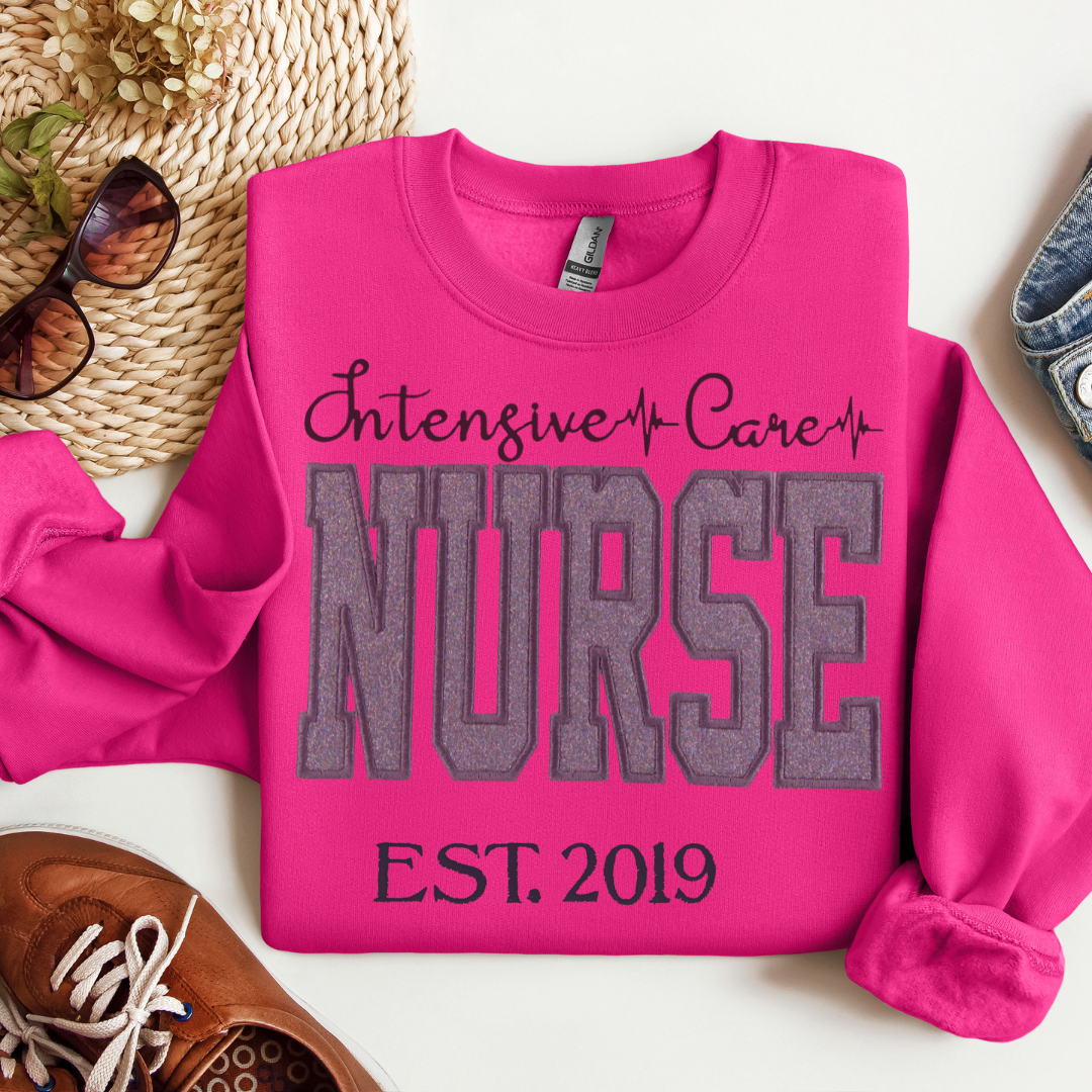 Stylish and Fun Grey Glitter ICU Nurse Hoodie Unique Embroidery Crewneck