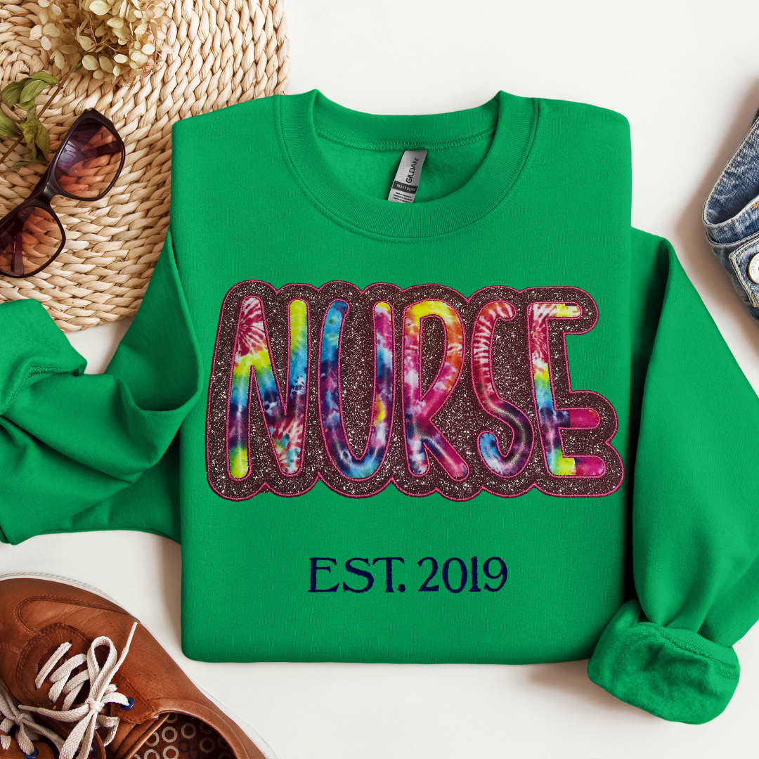 Nurse Glitter Tye Dye Print Sweatshirt with Embroidery Outline