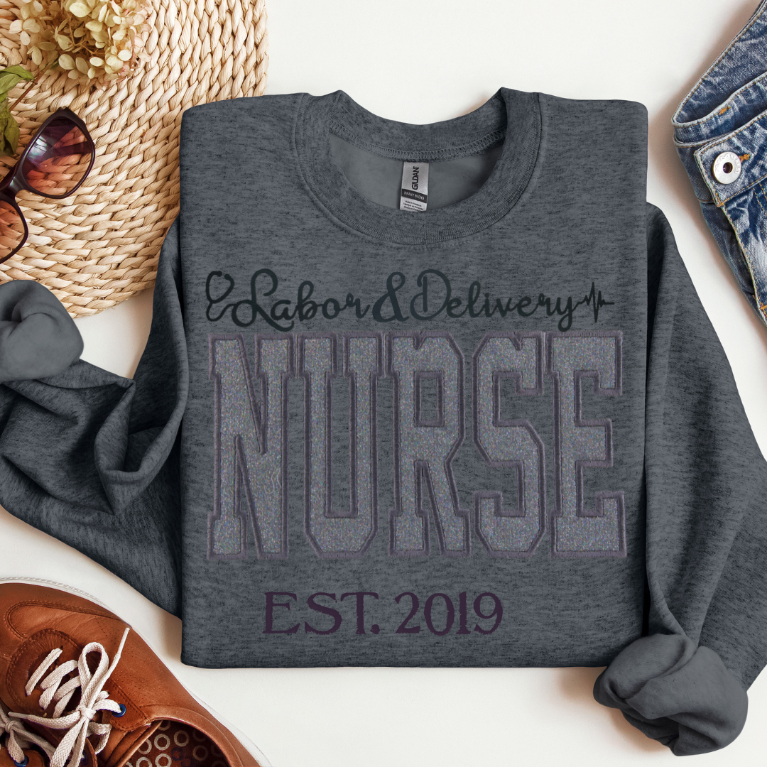 Stylish and Fun Grey Glitter L&D Nurse Hoodie Unique Embroidery Crewneck