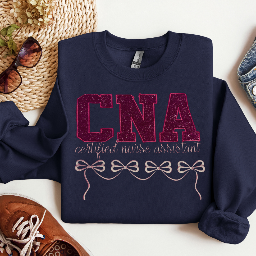 Glitter Trendy Cute Graphic Bow Unique CNA Embroidery Crewneck