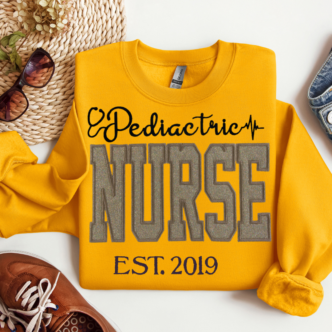 Stylish Fun Grey Glitter Pediatric Nurse Hoodie Unique Embroidery Crewneck