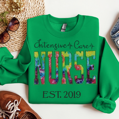 Tie Dye ICU Nurse Embroidery Crewneck