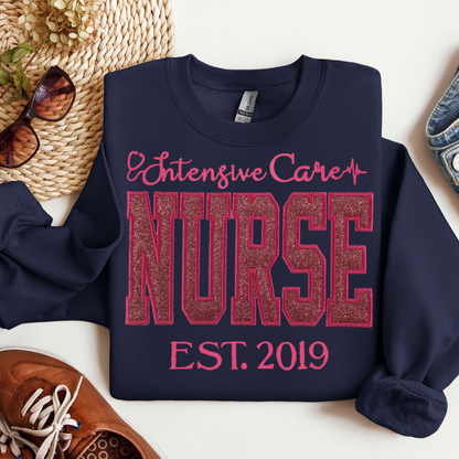 Trendy Pink Glitter Intensive Care Nurse Hoodie-Cute Embroidery Style