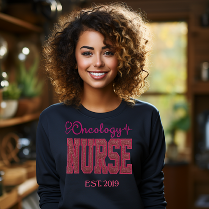 Trendy Pink Glitter Oncology Nurse Hoodie-Cute Embroidery Style