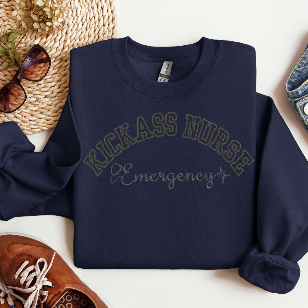 Trendy Popular Kickass ER Nurse Hoodie Crewneck- Fun and Cute Embroidery Design