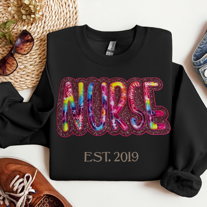 Nurse Glitter Tye Dye Print Sweatshirt with Embroidery Outline