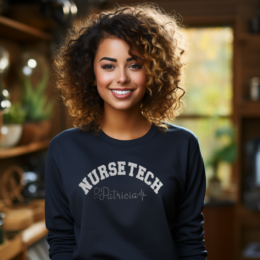 Custom Glitter Trendy Cute Graphic Nurse Tech Embroidery Crewneck