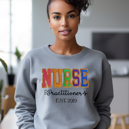 Faux Chenille Cute Unique Bold Nurse Practitioner Embroidery Hoodie Sweatshirt