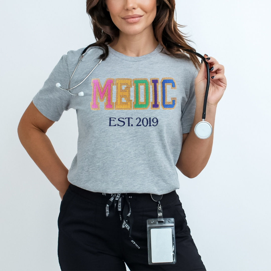 Cute Fun Glitter Trendy Faux Chenille Embroidery Paramedic Shirt