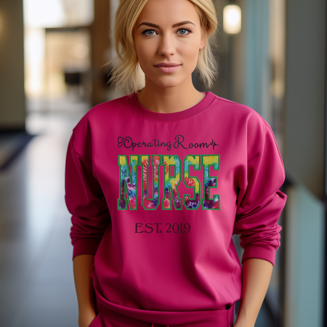 Adorable Tye Dye Eye-Catching OR Nurse Embroidery Hoodie Fun Crewneck