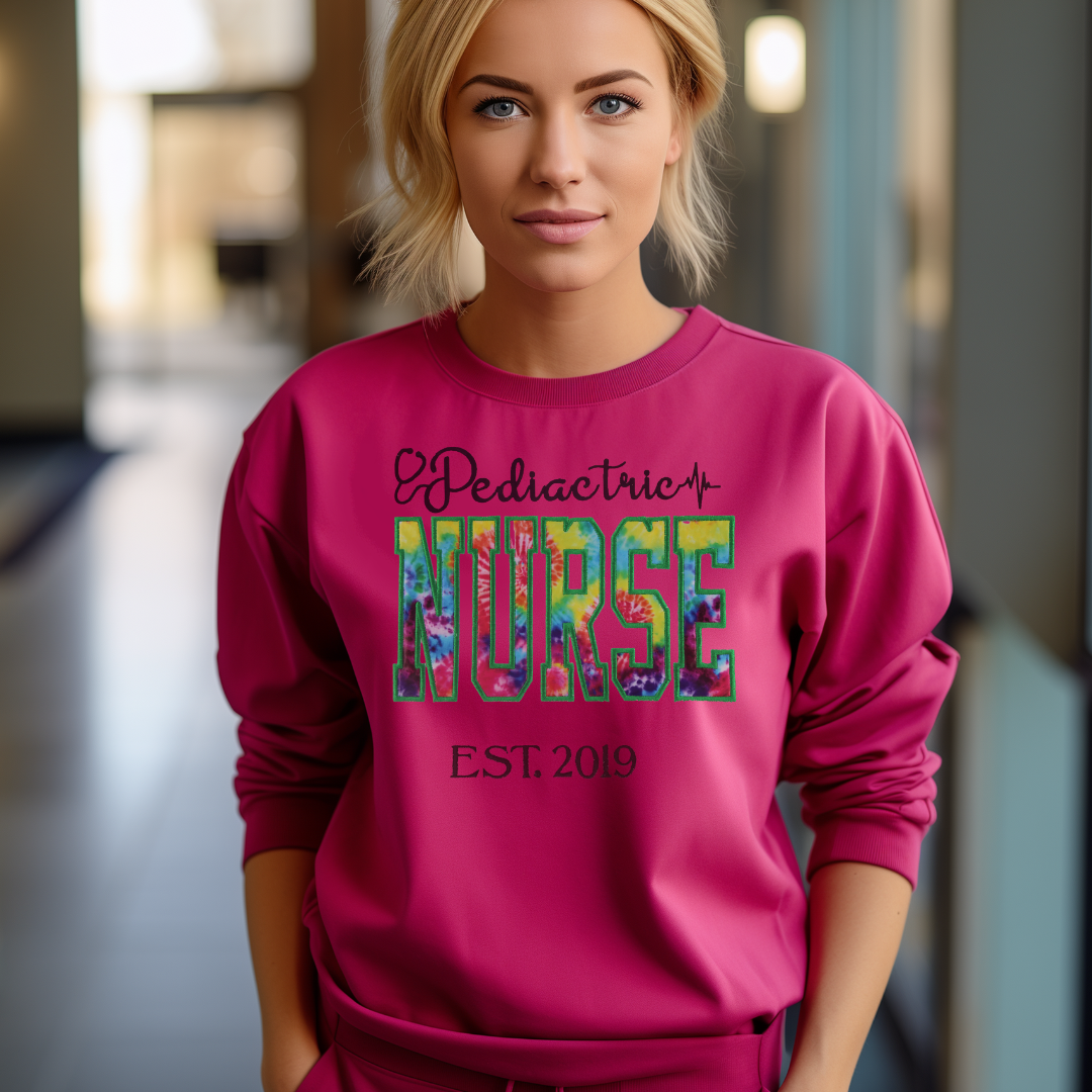 Adorable Tye Dye Eye-Catching Peds Nurse Embroidery Hoodie Fun Crewneck