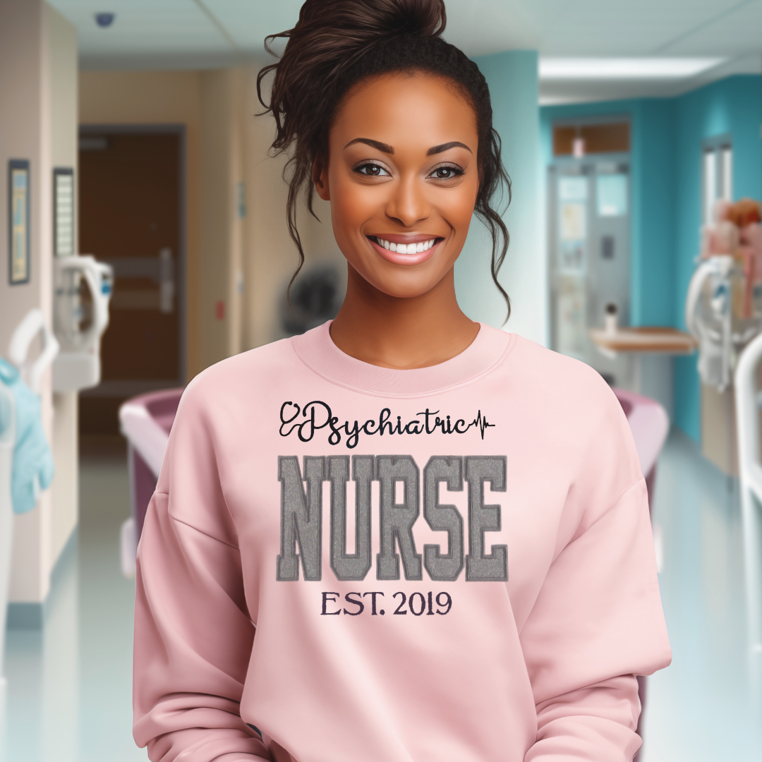 Stylish Fun Grey Glitter Psych Nurse Hoodie Unique Embroidery Crewneck