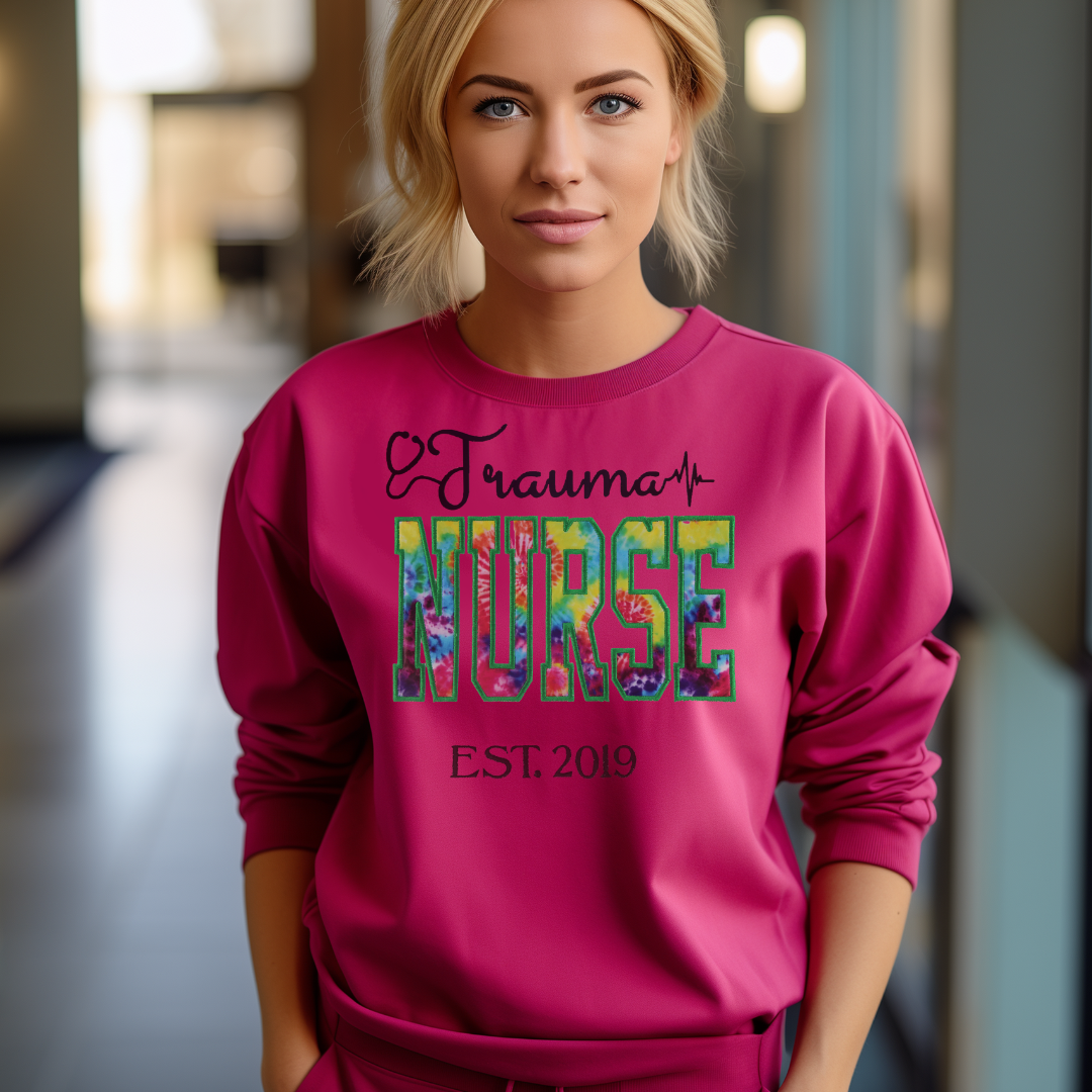 Adorable Tye Dye Eye-Catching Trauma Nurse Embroidery Hoodie Crewneck