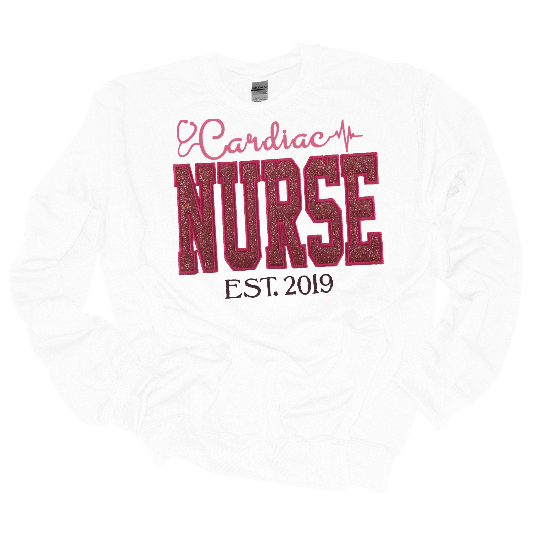 Trendy Pink Glitter Cardiac Nurse Hoodie-Cute Embroidery Style