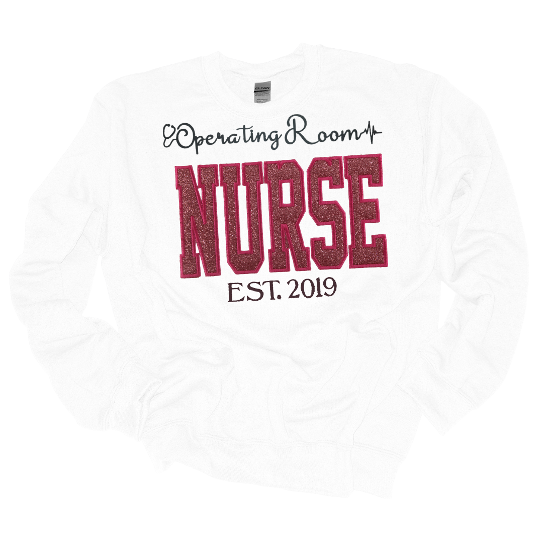 Trendy Pink Glitter OR Care Nurse Hoodie-Cute Fun Embroidery Style