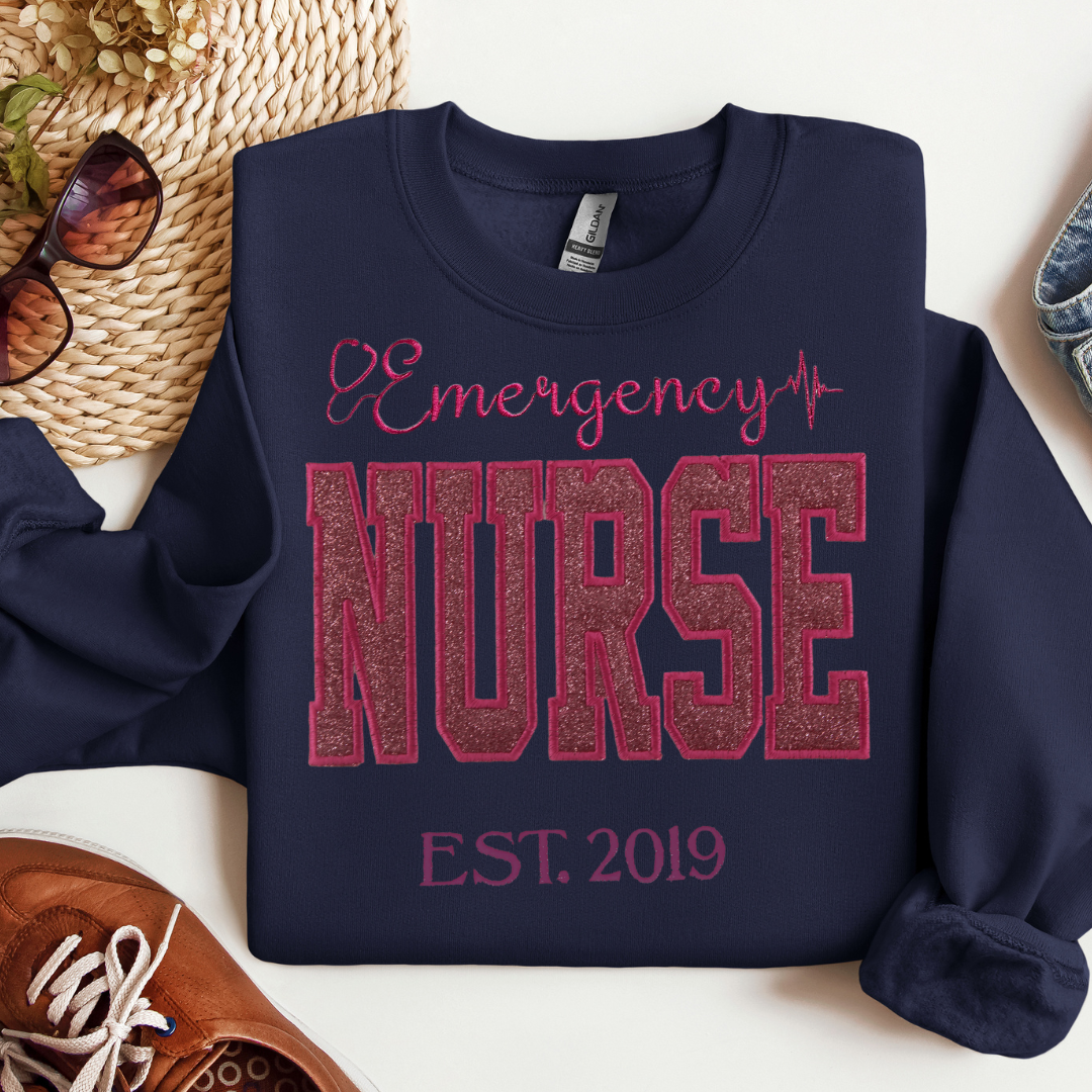 Trendy Pink Glitter Emergency Nurse Hoodie-Cute Embroidery Style