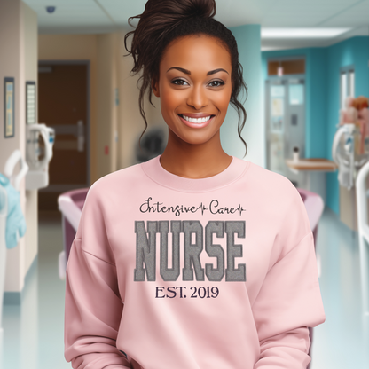 Stylish and Fun Grey Glitter ICU Nurse Hoodie Unique Embroidery Crewneck